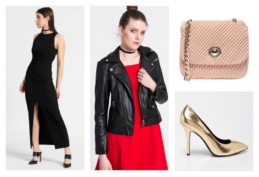 maxi dress, leather jacket, bag, stilettos
