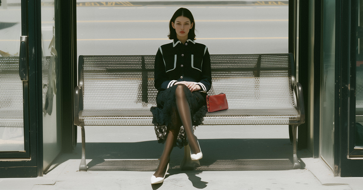 Kobieta w czarnej marynarce z białym wykończeniem i kołnierzem, koronkowa czarna spódnica, białe szpilki, czerwona skórzana torebka – elegancki styl, przystanek autobusowy, moda miejska,